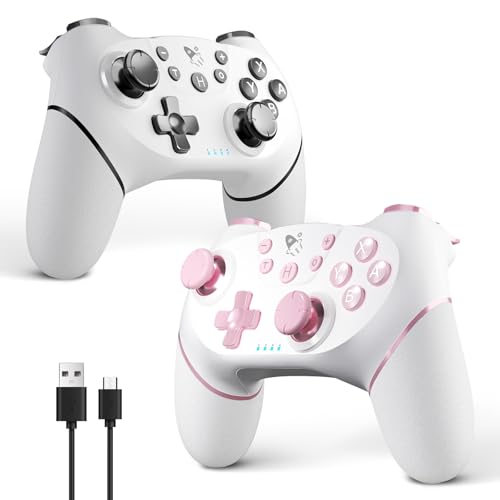 AceGamer Wireless Pro Controller for Nintendo Switch/Lite/OLED/Switch 2/PC, 2 pack, Hall Effect Joystick for Switch 2 Pro Controller with Wake-Up/Dual Vibration/Turbo/Ergonomic ! (White and Pink)