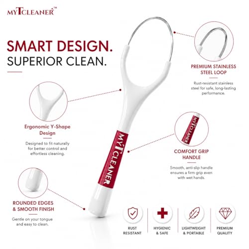 Image of MyTCleaner | Tongue Cleaner for Adults | Stainless Steel Tongue Scraper | Helps Freshen Breath & Supports Oral Hygiene | Rust-Free | Dentist-Designed | Pack of 2 (Olive Green & Maroon)