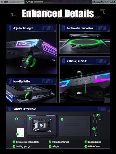 llano V10 Gaming Laptop Cooling Pad, RGB Laptop Cooler Stand with Powerful 4.72 Inch External Turbo Cooling Fan, Fast Cooling Computer 13-17.3in, Button Control, 3 Adjustable Stand, 4-Port USB C&A - Image 7