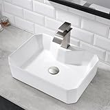 Bathroom Vessel Sink With Faucet White Rectangle Ceramic Bathroom Sink Combo, Scamall 20x15 Inch Porcelain Bowl Balcony Art Basin Vanity Sinks Combo With Steel Brushed Faucet & Drainer