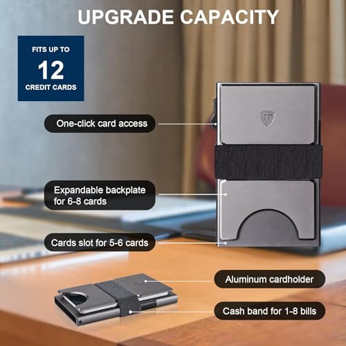 Image of TOYFID Slim Pop Up Wallets,Men's Front Pocket Card Holder with RFID Blocking Expandable Backplate & Cash Band Aluminum Minimalist Wallet Gift for Boyfriend /Dad /Friends Holds 12+ Cards,Grey
