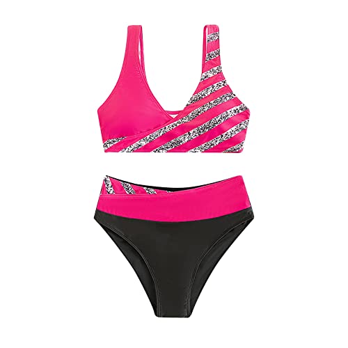 Bikini para mujer de dos piezas, pechos grandes, bikini azul para mujer, bikini brillante, traje de baño para mujer, bikini para tallas grandes, E-hot Pink, M
