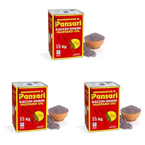 Image of Pansari Brand Kacchi Ghani Mustard Oil 15 kg Tin (Fortified with vitamin A and D) (Pack of 3)