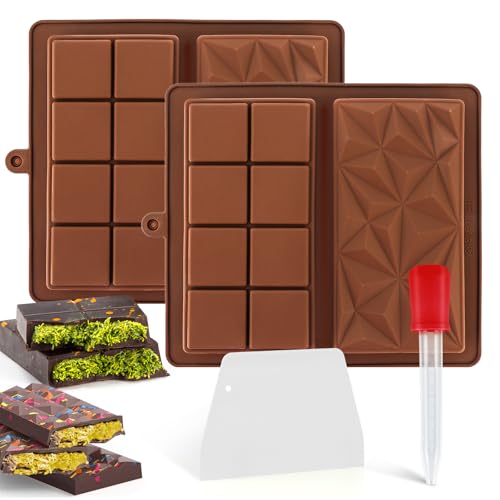2 Piezas Molde Chocolate, 2 en 1 Moldes Para Chocolate, Molde Chocolate Silicona Profunda, Reutilizables Molde Tableta Chocolate con Espátula y Cuentagotas para Pralinés