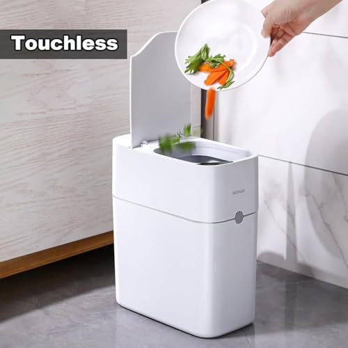 Image of MOPUP Bathroom Trash Can, Automatic Bagging Garbage Can, 3.5 Gallon Slim Smart Small Plastic Trash Bin, Narrow Motion Sensor Trash Can for Bedroom, Office White