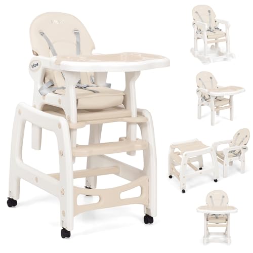 Image of INFANS 5 in 1 Baby High Chair, Convertible Toddler Table Chair Set, Rocking Chair, Multi-Function Seat with Lockable Universal Wheels, Adjustable Seat Back, Removable Trays