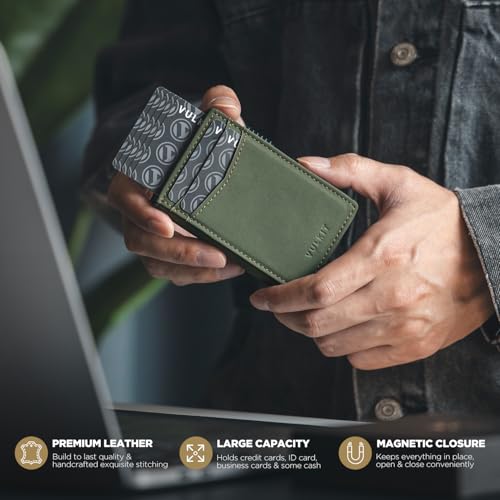 Image of VULKIT Men's Slim Wallets Pop Up Card Holder RFID Blocking Metal Wallet Minimalist Design Holds Up to 11 Cards, G2-Frosted Green (Magnetic Closure), One Size, Minimalist