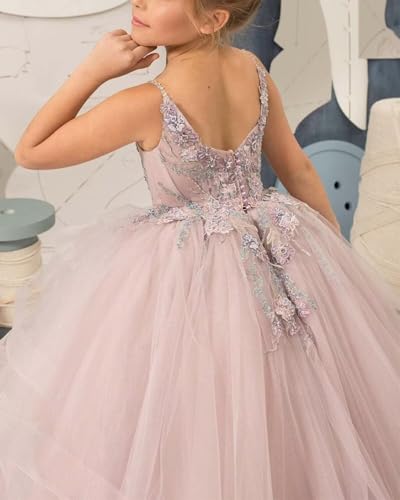 Flower Girl Dress Floral Appliques First Communion Dresses V Neck Princess Pageant Dresses Party Ball Gown4