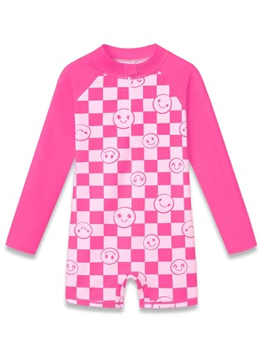 Girls Long Sleeve Rash Guard One Piece Swimsuit - Mermaid Checker Face Zipper Front Toddler Bathing Suit 2T-10