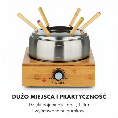 Foto von Klarstein Bambus Fondue, 800 Watt, Edelstahl-Topf, Gerätebasis aus Bambus, Füllmenge 1,3 Liter max., Heizplatte aus Edelstahl, Thermostat, Gabelhalter-Aufsatz, 6