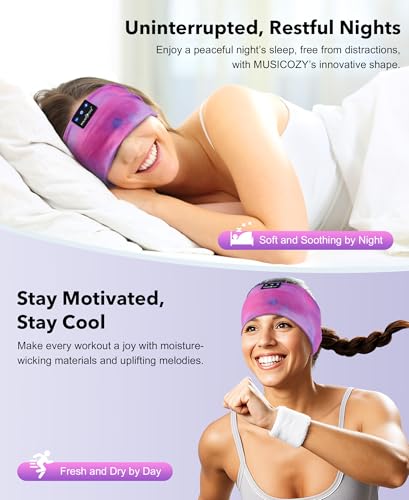 MUSICOZY Sleep Headphones Bluetooth 5.4 Headband, Wireless Earphones Sweat Resistant Earbuds with Ultra-Thin HD Stereo Speaker for Workout Running(Tie-dye Pink)