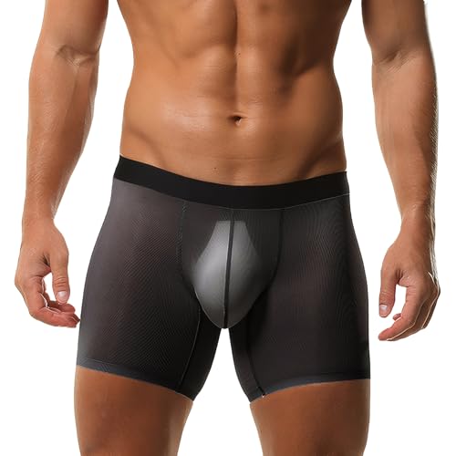 AIEOE Calzoncillos tipo bóxer sexy para hombre, transparentes, sin costuras, seda de hielo, hipster, cintura elástica, ropa interior, Carbón negro, L