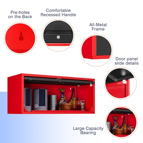 Image of Yizosh Metal Wall Cabinet with Doors, Wall Mounted Storage Cabinet, Floating Tool Cabinet for Kitchen, Basement, Warehouse (Red Black, 13.7 inch H)