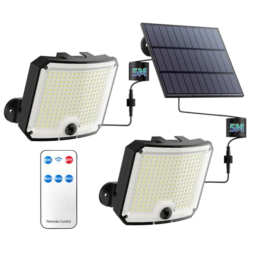 WeBeqer 2 Paquete Focos Led Exterior Solares, 208LED Luz Solar Exterior con Sensor de Movimiento 3 Modos, IP65 Impermeable Lampara Solar con Mando a Distancia, Gran Angular de 170°con Cable de 5M