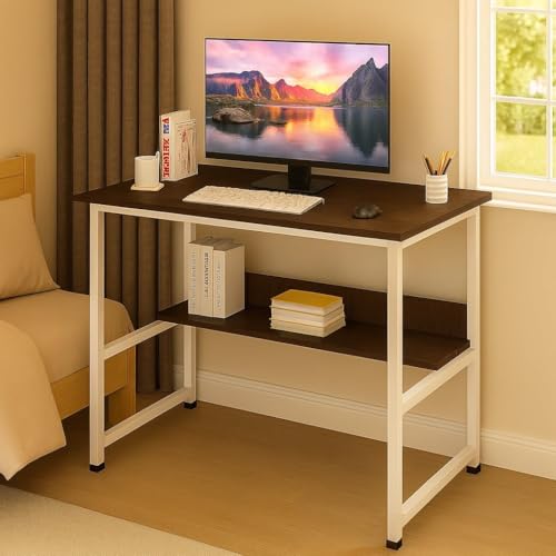Image of Multipurpose Wood Study Table with Shelf Computer, Laptop & Office Workstation Desk for Home & Work - Easy to Assemble Gaming Concept Desk (Brown Board White Metal)(L*90,B*60,H*75)cm.