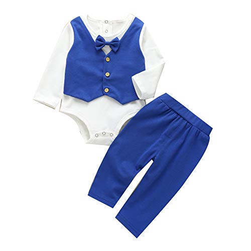 Baby Boy 3 Piece Formal Outfit Long Sleeve Suit with Bowtie Waistcoat Gentleman Tuxedo Wedding Birthday Outfits (Blue,9-12 Months)
