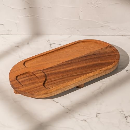 Image of Sanjh Serving Tray - Acacia Wood & Glass Cup Tray - Multipurpose Tray for Tea, Snacks & Drinks (6x12x3.875 inches)