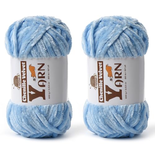 Image of 2 Pack Plush Chenille Chunky Yarn - Fluffy Velvet Yarns Crochet for Blanket Knitting and Crocheting - Soft Baby Yarn for Crocheting - Amigurumi Crochet Yarns 100g (87yds) (2 Azure)
