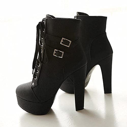 HINDOLA Women Boots Fashion High Heel Lace Up Ankle Boots Ladies Round Toe Buckle Knight Ankle Boots3