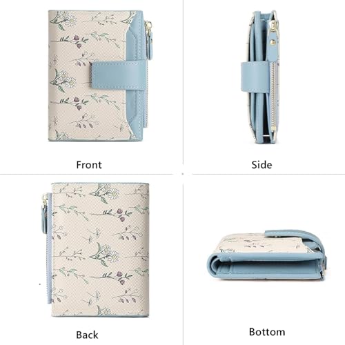 Image of Small Wallets for Women Leather Bifold Zipper Pocket Wallet Cute Flower Credit Card Holder Coin Purse with ID Window