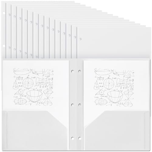 Yeaqee 50 Pcs Plastic Folders with Pockets Bulk 3 Hole Punched 2 Pocket File Folders for 3 Ring Binder Divider Folder for Notebooks, Durable Poly for Office Home (White)