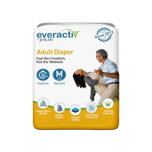 Image of Everactiv Adult Diaper Medium Size M Leakproof for Waist 28-45 inch with 10 hr Absorption Protection and Wetness Indicator, Unisex with Goodness of Aloe Vera, 10 Units, Pack of 1