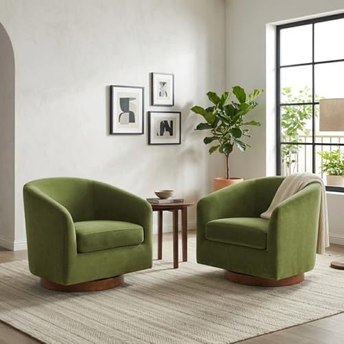 CHITA Swivel Accent Chair Set of 2, Fully Assembled Velvet Barrel Armchair with FSC Certified Upholstered for Living Room, Bedroom and Office, Forest Green