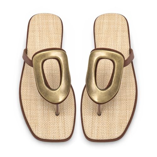 Image of Wnshonzy Flip-Flops for Women Thong Sandals Flat Slip on Slides Beach Comfort Open Square Toe Ladies Slipper Dressy Metal Hardware Decoration Summer Shoes Casual Fashion