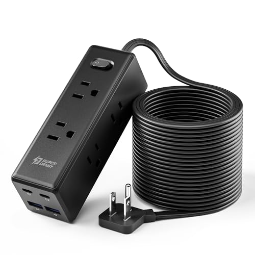 15 Ft Extension Cord with Multiple Outlets Long Extension with 6 Outlets 4 USB Ports(2 USB C) Flat Plug Surge Protector Power Strip for Home Office Supplies Dorm Essentials Black