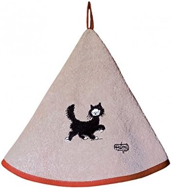Torchons & Bouchons, Dubout, Chat Balade (Cat Strolling About) French Round, Beige, Hand/Kitchen Towel with Hanging Loop, 100% Cotton