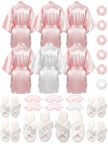 Image of Bonuci 24 Pcs Bride Bridesmaid Robe Slipper Sets for Wedding Bridal Party Women with Robes Slippers Eye Mask Hair Scrunchies