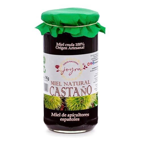 Miel Cruda, 100% MIel Pura de Abeja. Natural y Artesanal. 27 Variedades de sabores, APICULTURA ESPAÑOLA. Sin Pasteurizar, conservan Polen, Enzimas y Antioxidantes. (1 KG, Miel de Castaño)