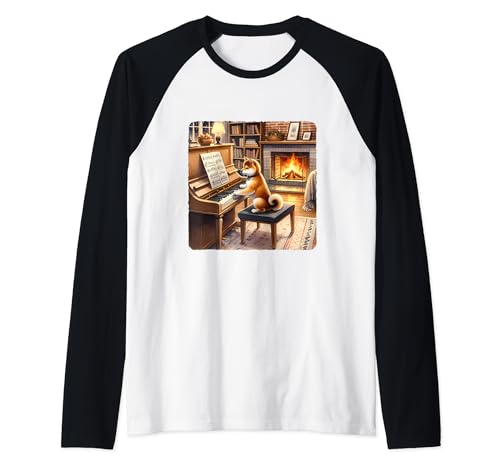 Shiba Inu Plays Piano In Cozy Room. Living Room Fire