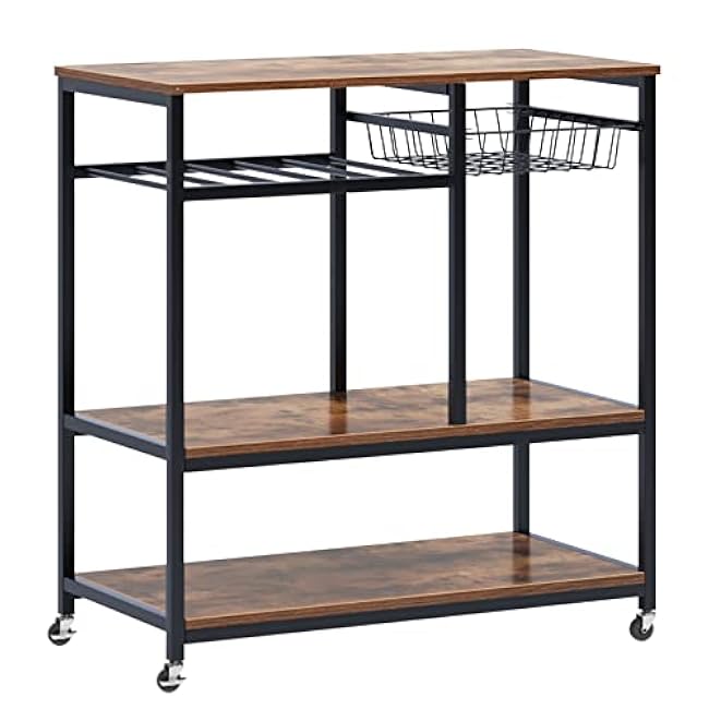 SogesHome 4-Tier Bar Cart Storage Cart, Utility Bar Serving Cart Kitchen Island Rolling Cart on Wheels with Shelves for Living Room, Office, Coffee-kaDtN3oW