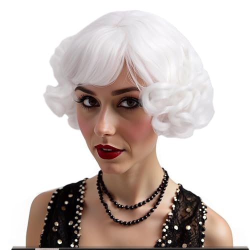 STfantasy Bianca Corta Riccio Parrucca per Donna Naturale Parrucche quotidiano Carnevale Anime Cosplay Costume Party