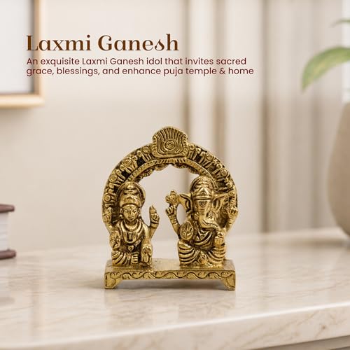 Image of Habere India-All the Cultures Fabricating India Brass Lakshmi Ganesh Idol Set for Pooja Room | Pure Brass Lakshmi Ganesh Murti for Home | Decorative Statue for Mandir (Design10: L7 x W2 x H8 cm)