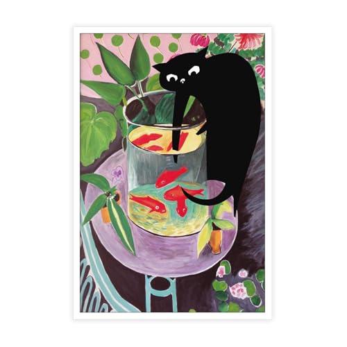 TYOHU Retro Matisse Goldfish And Cat Posters Trendy Funny Black Cat Wall Art Prints Cute Colorful Table Goldfish Prints Painting For Home Bedroom Dorm Wall Decor 12x16in Unframed
