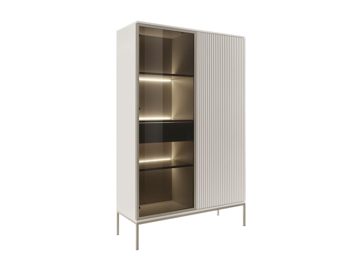 Vente-unique-Vitrina 2 Puertas y 1 cajón con Leds de MDF y Vidrio Ahumado - Beige y Negro - Ovila