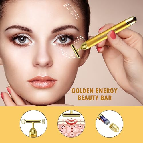 Image of 24k Gold Electric Face Massager,Korean Skincare V shape 3d Facial Roller with T-Shaped Energy Beauty Massage Combo for Anti Aging,Glowing Skin,Face Slimmimg,Eyes,Nose,Forehead,Neck