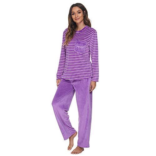 U2SKIIN Conjunto de pijama feminino de lã, listrado, pijama feminino macio, Violet-white Stripe/Viol