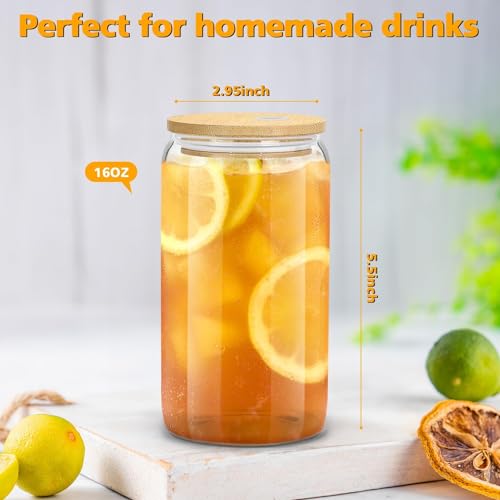 Image of sungwoo 2PCS Glass Cups with Bamboo Lids and Straws, 16OZ Ice Coffee Cup, Drinking Cup set with Wooden Lids, Home Essential Glass Tumblers for Beer, Cocktail, Tea and Latte Clear