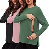 Ecavus Women's Nursing Tops Long Sleeve 3 Packs Hidden Zipper Nursing Shirts for Breastfeeding Side Split Maternity Clothes