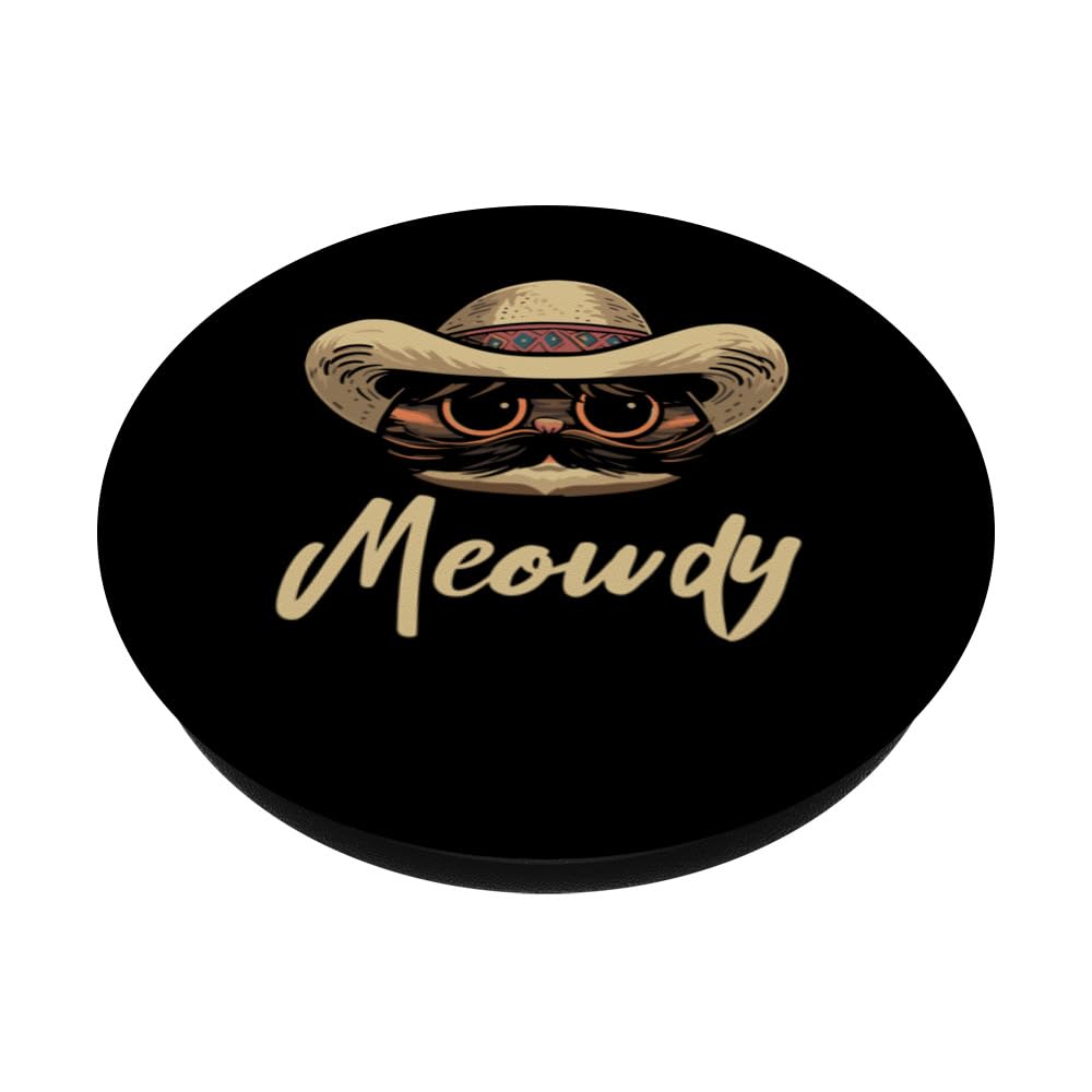 Meowdy Cat Cowboy Funny Tee PopSockets Swappable PopGrip, Black - Image 2