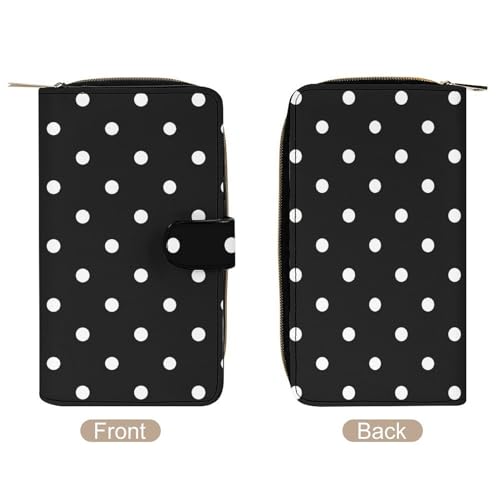 Polka Dot Black White Simple Pattern Leather Wallets Large Capacity Zipper Pocket Card Holder with ID Window3