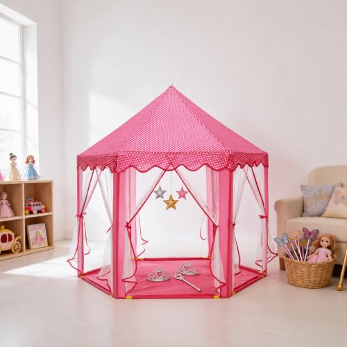 Image of Amazon Brand - Jam & Honey Princess Castle Hexagon Play Tent for Kids | Foldable Indoor Outdoor Playhouse with Mosquito Net Design | Portable Tent with Carry Bag | Extra Large (135.5 x 129 cm) | Pink