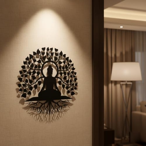 Image of Herrlich Homes Tree of Life Buddha Metal Wall Art |Meditation Yoga Altar Buda Indoor Zen Home Decor |Outdoor Garden Patio Hanging | 60CM X 60CM | L | Black
