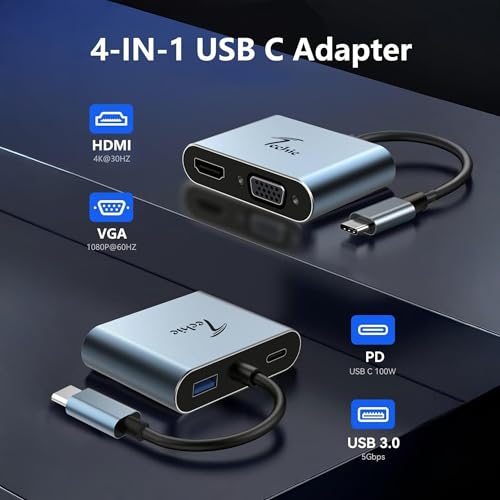Image of Techie Type-C 4-in-1 Hub with HDMI 4K, VGA 1080P, USB 3.0 5Gbps, and 100W Power Delivery for MacBook iPad Pro Windows Laptops and Tablets (Silver)
