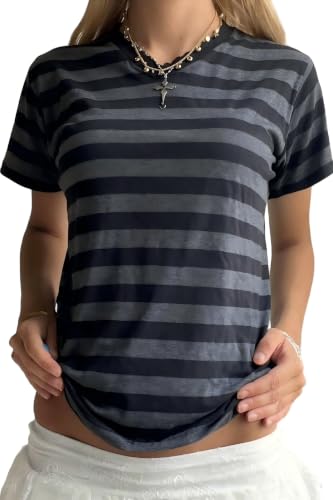 Image of Cute Striped Graphic Tees for Women Y2k Short Sleeve Preppy Teen Crop Tops