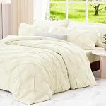 Queen Set de confort Beige - Ultra Soft Boho Pintuck Cream Down Ensemble de literie alternative pour toutes les saisons, 3 Pièces Ensemble de lit en pli de pinceau léger et chaud avec couverture de couettes, 2 Étagères (90"x90")