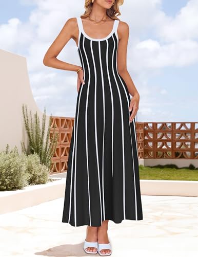 ZESICA Womens 2025 Summer Sleeveless Striped Midi Dresses Casual A Line Swing Knit Long Dress Beach Vacation Clothes2